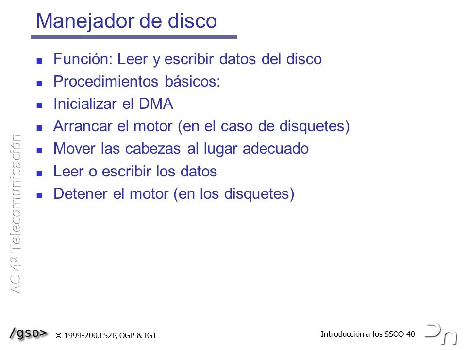 Manejador de disco Función: Leer y escribir datos del disco