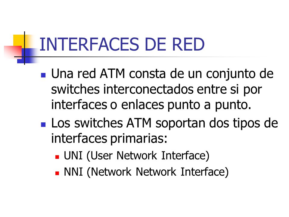 INTERFACES DE RED Una red ATM consta de un conjunto de switches interconectados entre si por interfaces o enlaces punto a punto.