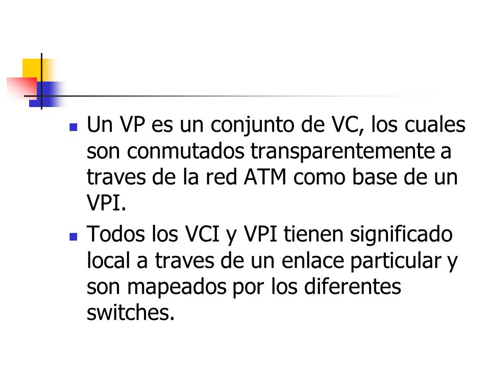 Un VP es un conjunto de VC, los cuales son conmutados transparentemente a traves de la red ATM como base de un VPI.