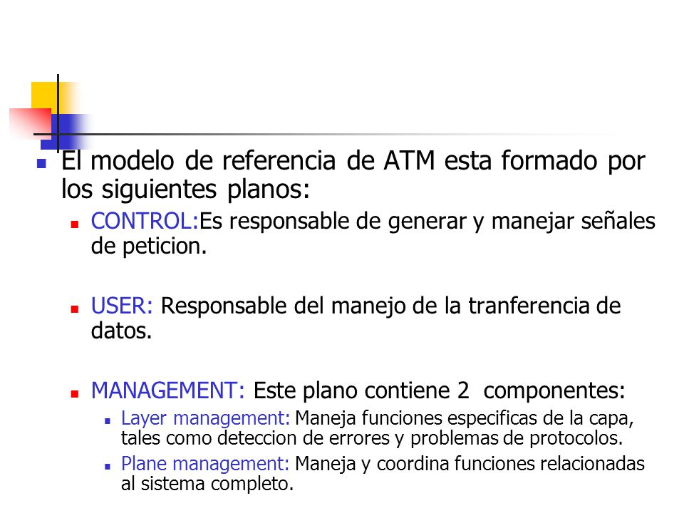 El modelo de referencia de ATM esta formado por los siguientes planos:
