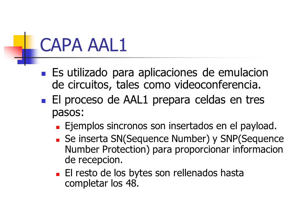 CAPA AAL1 Es utilizado para aplicaciones de emulacion de circuitos, tales como videoconferencia. El proceso de AAL1 prepara celdas en tres pasos: