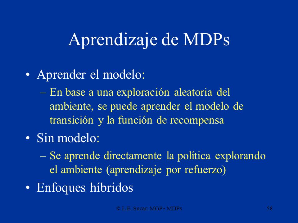 Aprendizaje de MDPs Aprender el modelo: Sin modelo: Enfoques híbridos