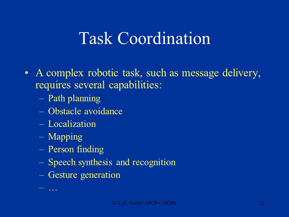 Task Coordination A complex robotic task, such as message delivery, requires several capabilities: Path planning.