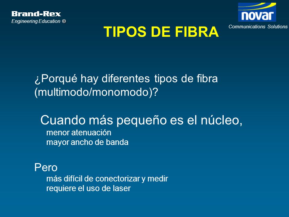 TIPOS DE FIBRA Cuando más pequeño es el núcleo,