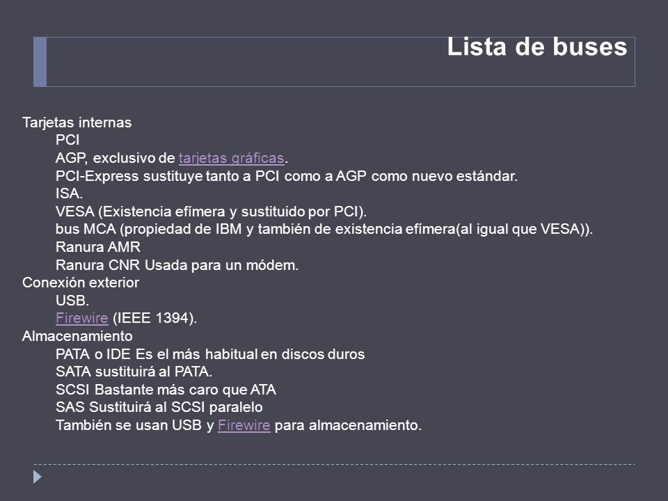 Lista de buses Tarjetas internas PCI