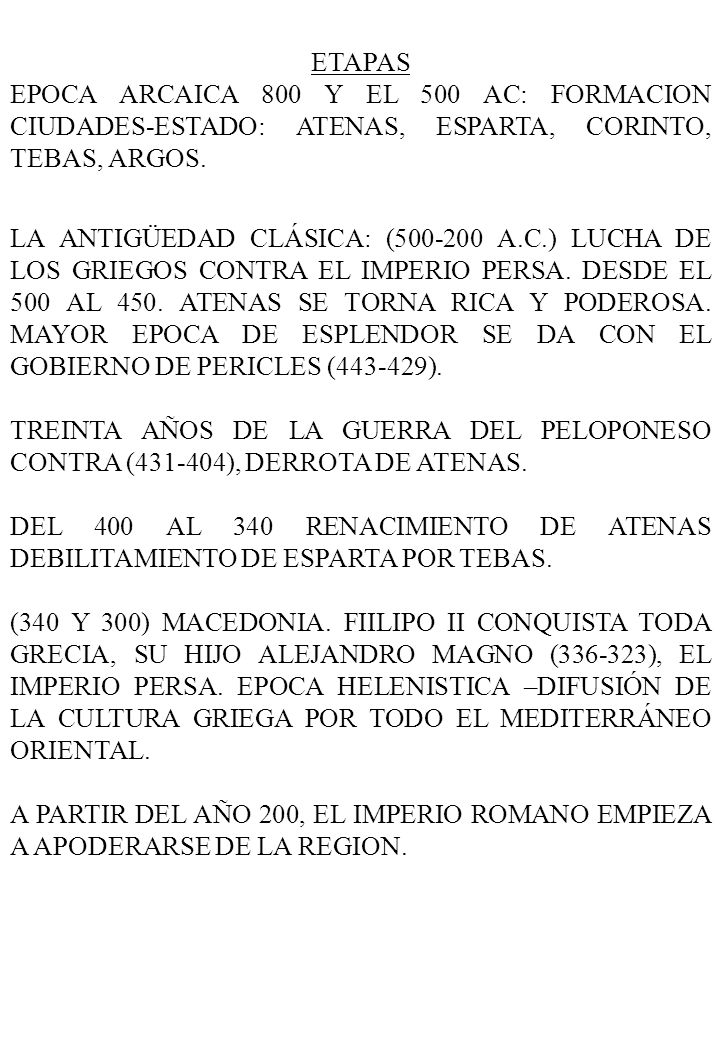 ETAPAS EPOCA ARCAICA 800 Y EL 500 AC: FORMACION CIUDADES-ESTADO: ATENAS, ESPARTA, CORINTO, TEBAS, ARGOS.