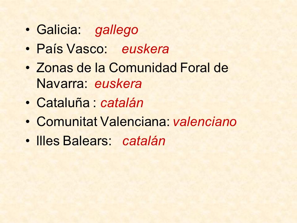 Galicia: gallego País Vasco: euskera. Zonas de la Comunidad Foral de Navarra: euskera. Cataluña : catalán.