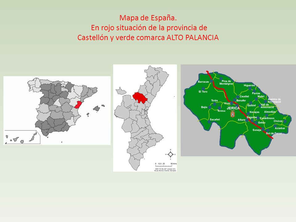 Mapa de España. En rojo situación de la provincia de Castellón y verde comarca ALTO PALANCIA