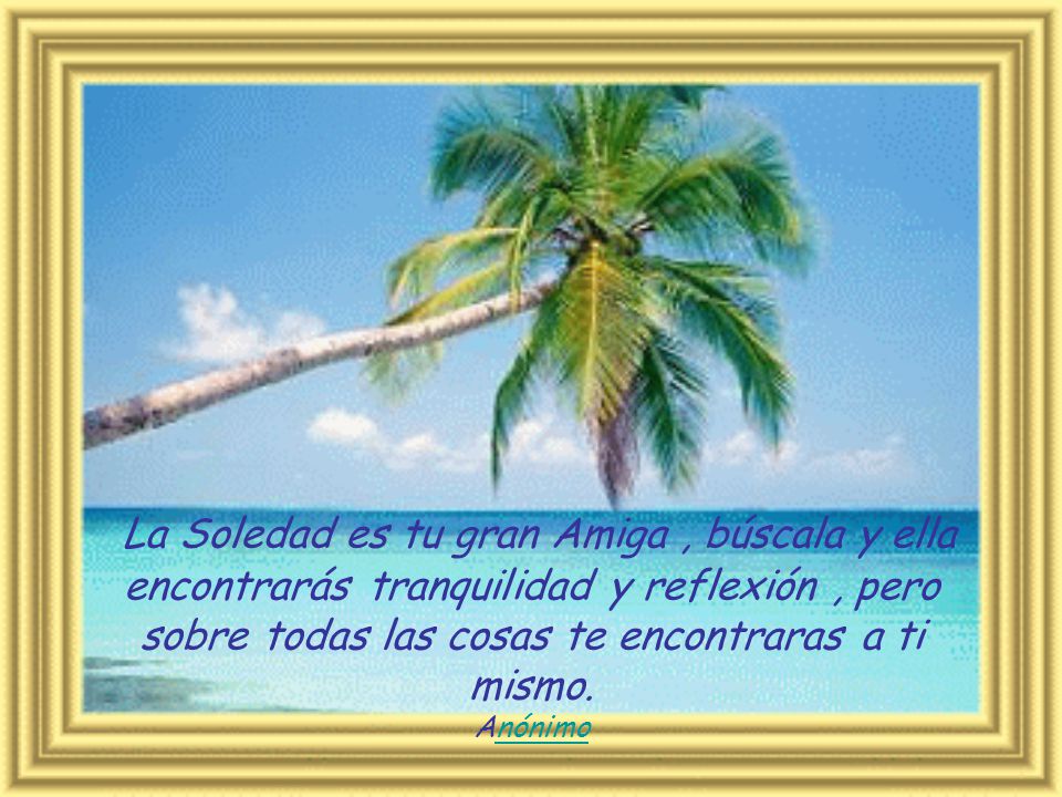 La Soledad es tu gran Amiga , búscala y ella encontrarás tranquilidad y reflexión , pero sobre todas las cosas te encontraras a ti mismo.