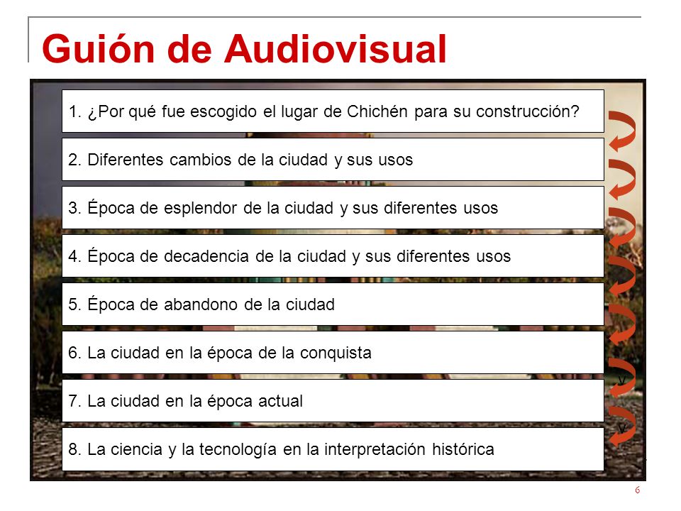 Guión de Audiovisual 1. ¿Por qué fue escogido el lugar de Chichén para su construcción 2. Diferentes cambios de la ciudad y sus usos.