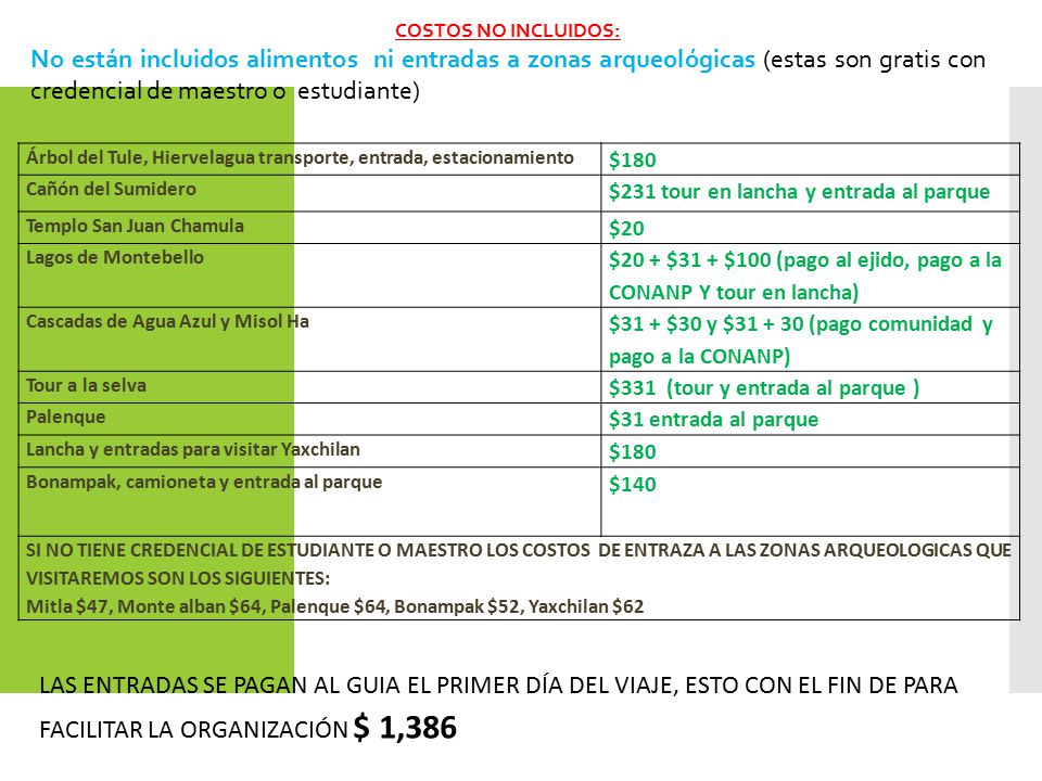 COSTOS NO INCLUIDOS: No están incluidos alimentos ni entradas a zonas arqueológicas (estas son gratis con credencial de maestro o estudiante)