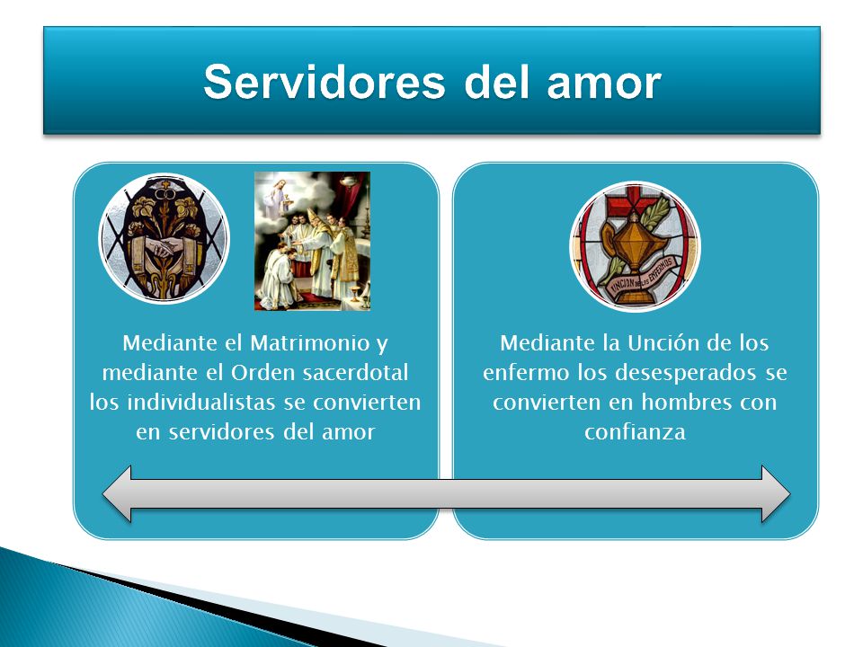 Servidores del amor Mediante el Matrimonio y mediante el Orden sacerdotal los individualistas se convierten en servidores del amor.