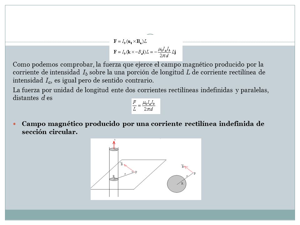 Como podemos comprobar, la fuerza que ejerce el campo magnético producido por la corriente de intensidad Ib sobre la una porción de longitud L de corriente rectilínea de intensidad Ia, es igual pero de sentido contrario.