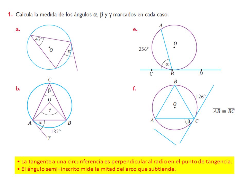 • La tangente a una circunferencia es perpendicular al radio en el punto de tangencia.