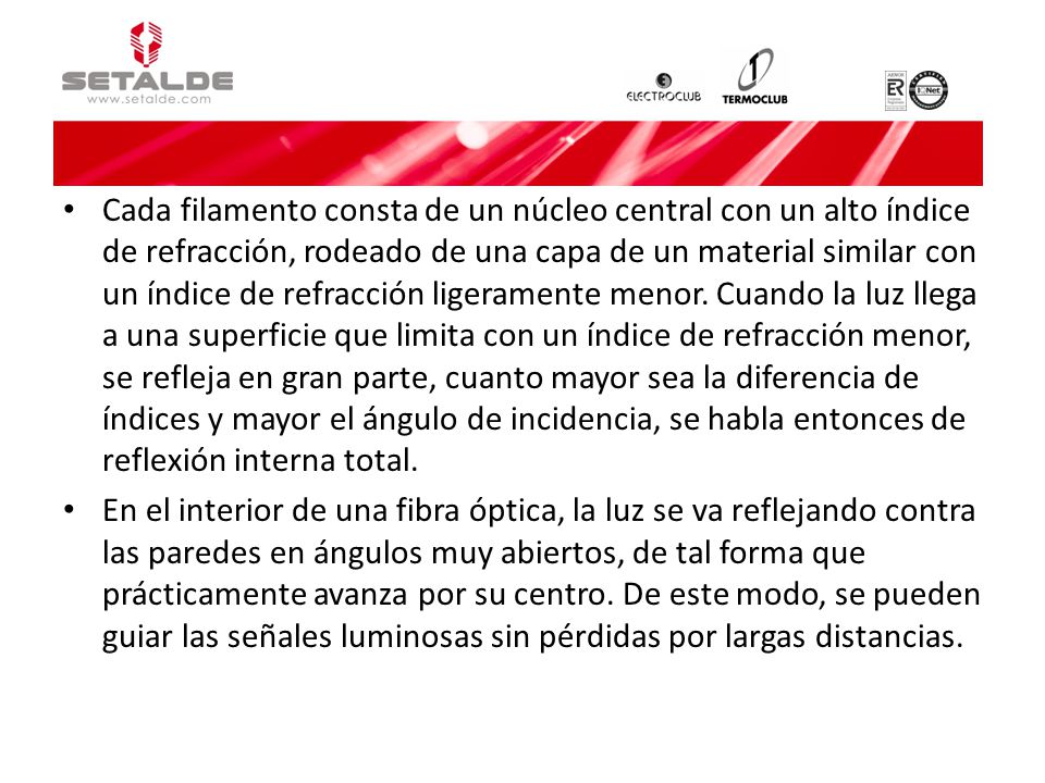 Cada filamento consta de un núcleo central con un alto índice de refracción, rodeado de una capa de un material similar con un índice de refracción ligeramente menor. Cuando la luz llega a una superficie que limita con un índice de refracción menor, se refleja en gran parte, cuanto mayor sea la diferencia de índices y mayor el ángulo de incidencia, se habla entonces de reflexión interna total.