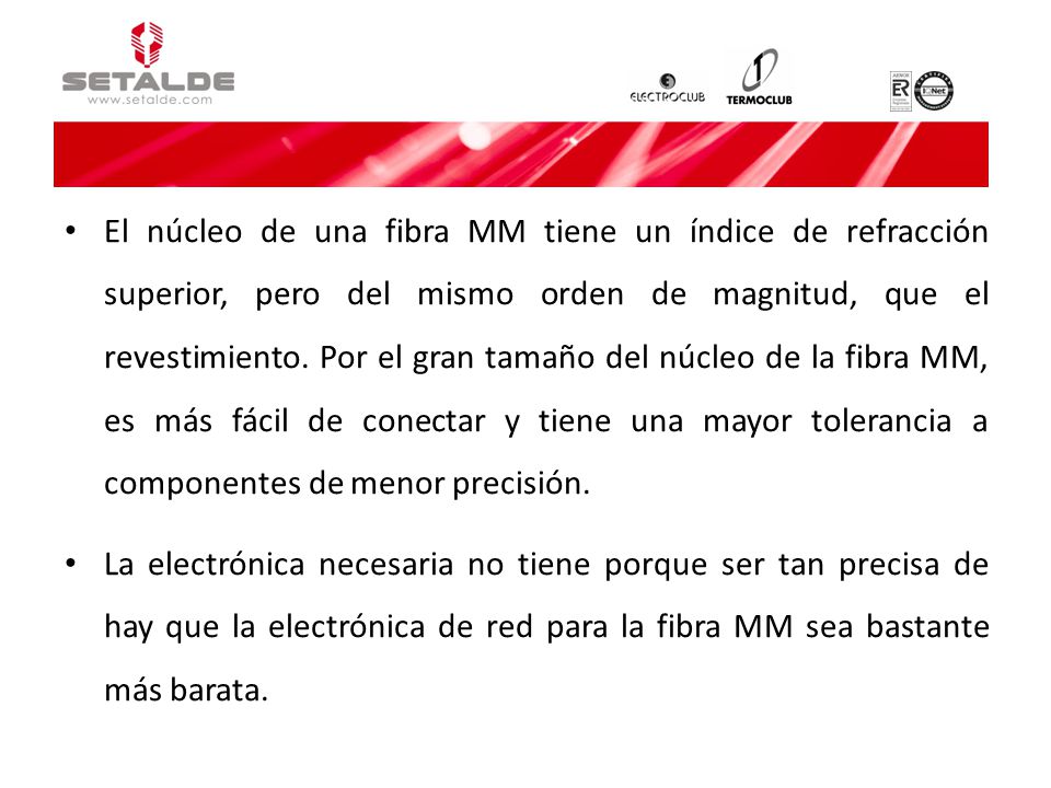 El núcleo de una fibra MM tiene un índice de refracción superior, pero del mismo orden de magnitud, que el revestimiento. Por el gran tamaño del núcleo de la fibra MM, es más fácil de conectar y tiene una mayor tolerancia a componentes de menor precisión.