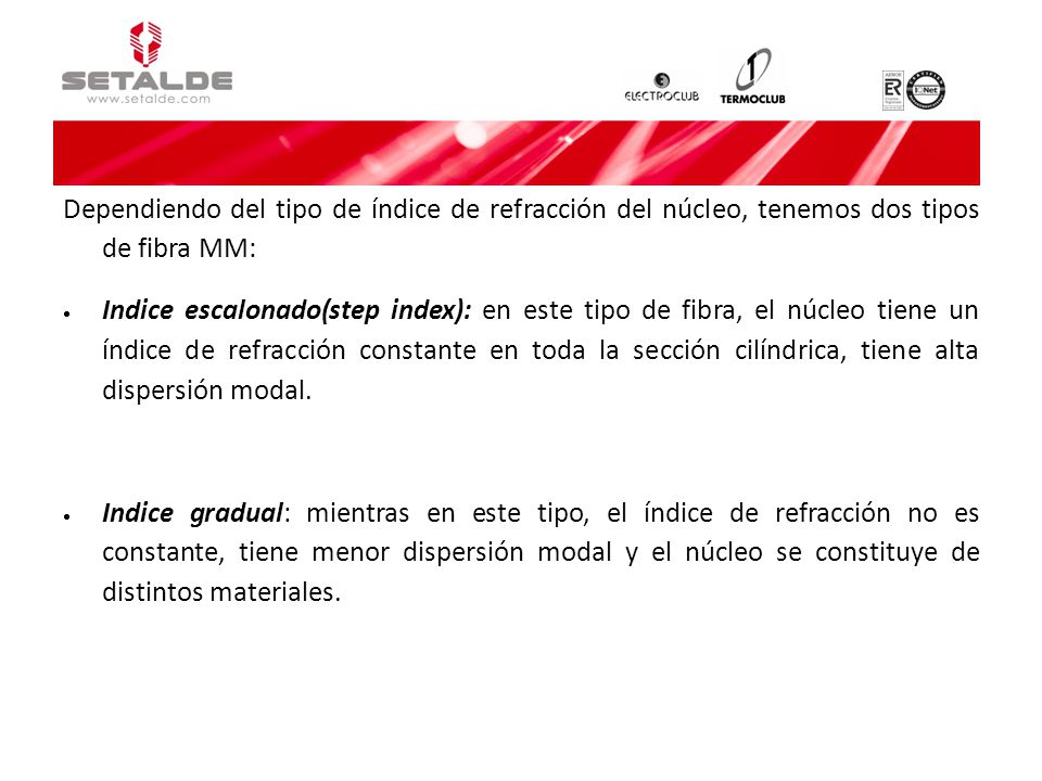Dependiendo del tipo de índice de refracción del núcleo, tenemos dos tipos de fibra MM: