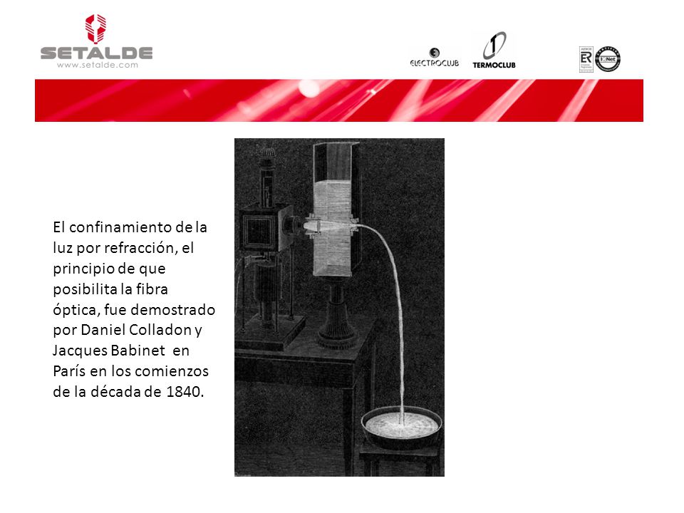 El confinamiento de la luz por refracción, el principio de que posibilita la fibra óptica, fue demostrado por Daniel Colladon y Jacques Babinet en París en los comienzos de la década de 1840.