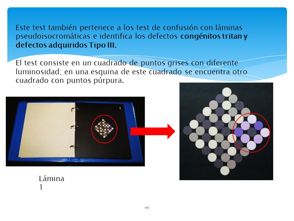Este test también pertenece a los test de confusión con láminas pseudoisocromáticas e identifica los defectos congénitos tritan y defectos adquiridos Tipo III.