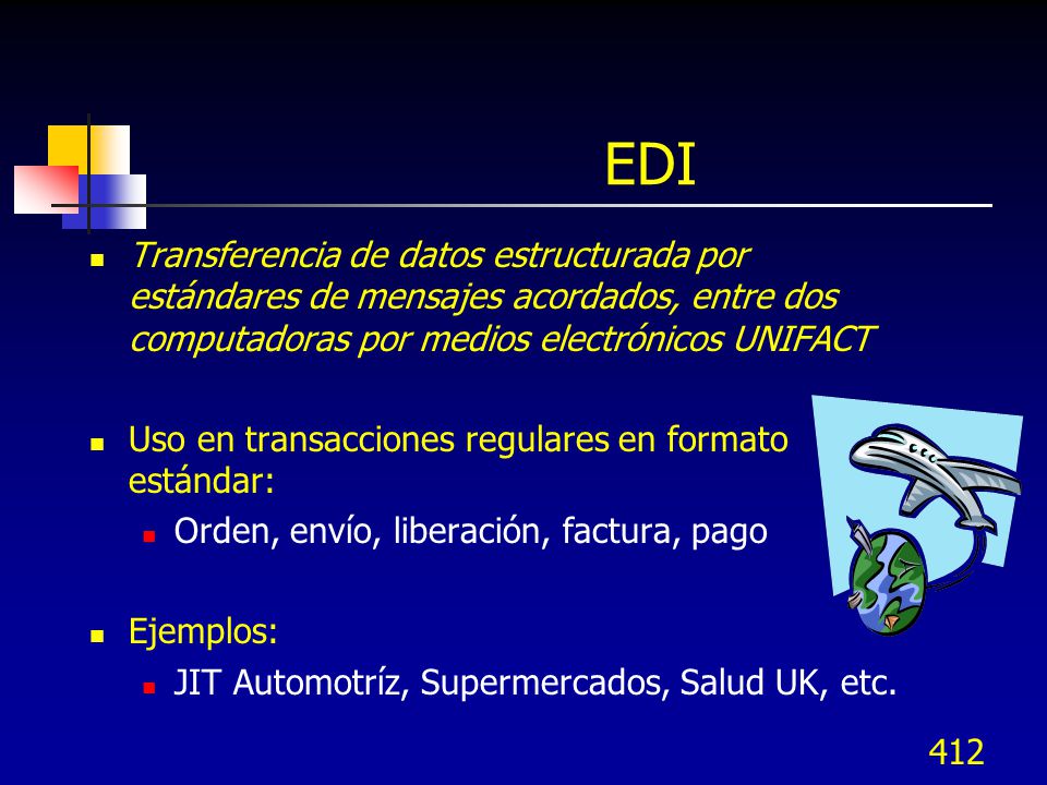 EDI Transferencia de datos estructurada por estándares de mensajes acordados, entre dos computadoras por medios electrónicos UNIFACT.