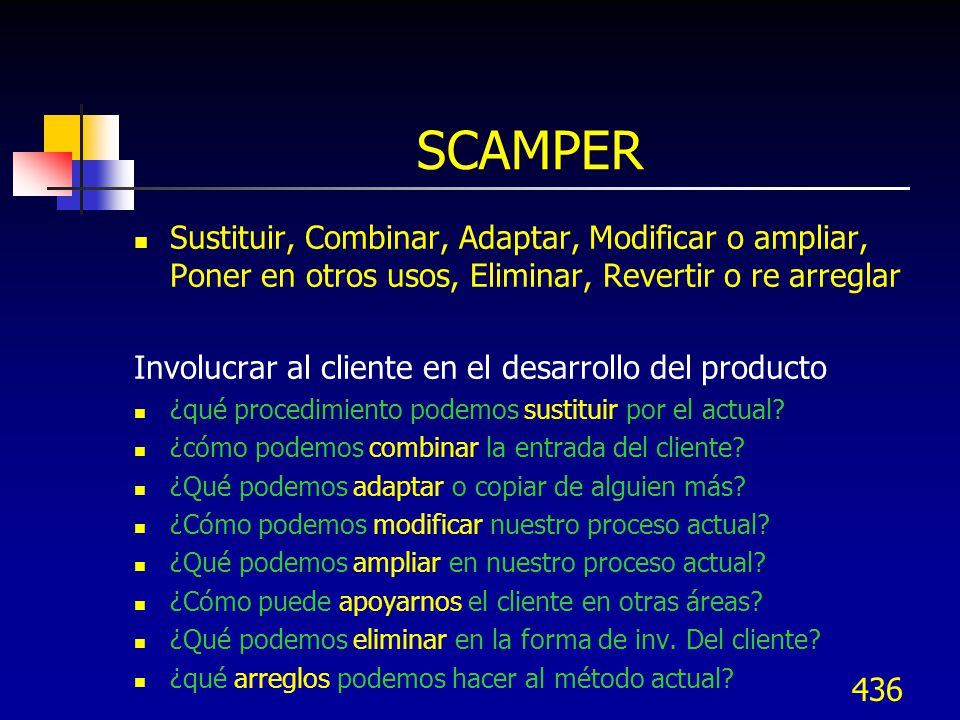SCAMPER Sustituir, Combinar, Adaptar, Modificar o ampliar, Poner en otros usos, Eliminar, Revertir o re arreglar.