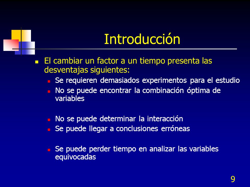 Introducción El cambiar un factor a un tiempo presenta las desventajas siguientes: Se requieren demasiados experimentos para el estudio.