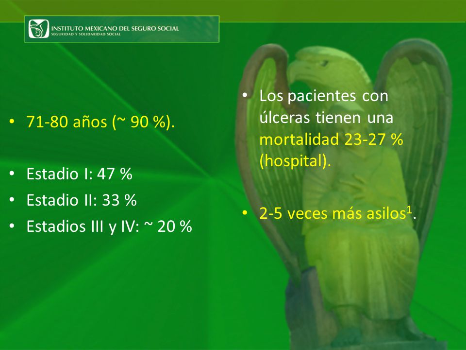 71-80 años (~ 90 %). Estadio I: 47 % Estadio II: 33 % Estadios III y IV: ~ 20 %