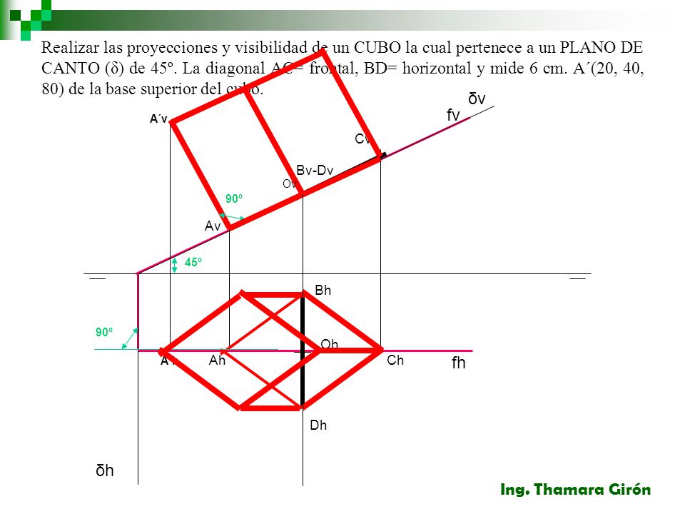 Realizar las proyecciones y visibilidad de un CUBO la cual pertenece a un PLANO DE CANTO (δ) de 45º. La diagonal AC= frontal, BD= horizontal y mide 6 cm. A´(20, 40, 80) de la base superior del cubo.