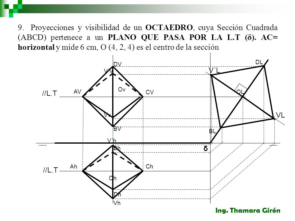 9. Proyecciones y visibilidad de un OCTAEDRO, cuya Sección Cuadrada (ABCD) pertenece a un PLANO QUE PASA POR LA L.T (δ). AC= horizontal y mide 6 cm, O (4, 2, 4) es el centro de la sección