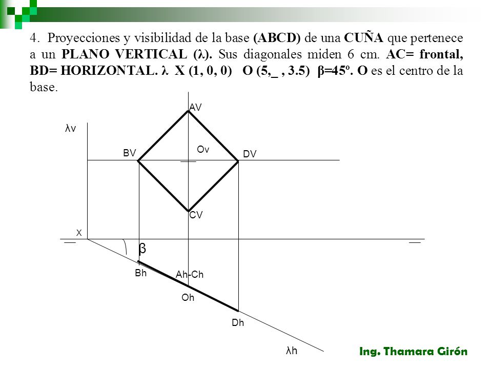 4. Proyecciones y visibilidad de la base (ABCD) de una CUÑA que pertenece a un PLANO VERTICAL (λ). Sus diagonales miden 6 cm. AC= frontal, BD= HORIZONTAL. λ X (1, 0, 0) O (5,_ , 3.5) β=45º. O es el centro de la base.