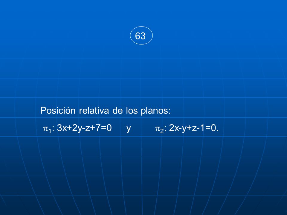 63 Posición relativa de los planos: 1: 3x+2y-z+7=0 y 2: 2x-y+z-1=0.