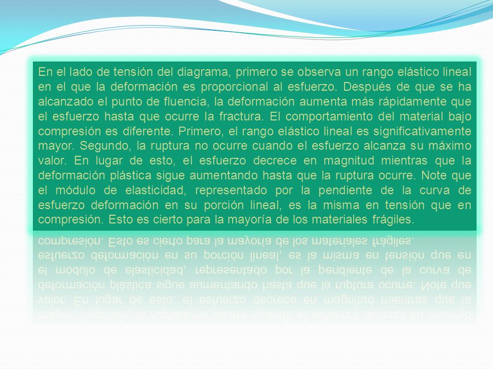 En el lado de tensión del diagrama, primero se observa un rango elástico lineal en el que la deformación es proporcional al esfuerzo.