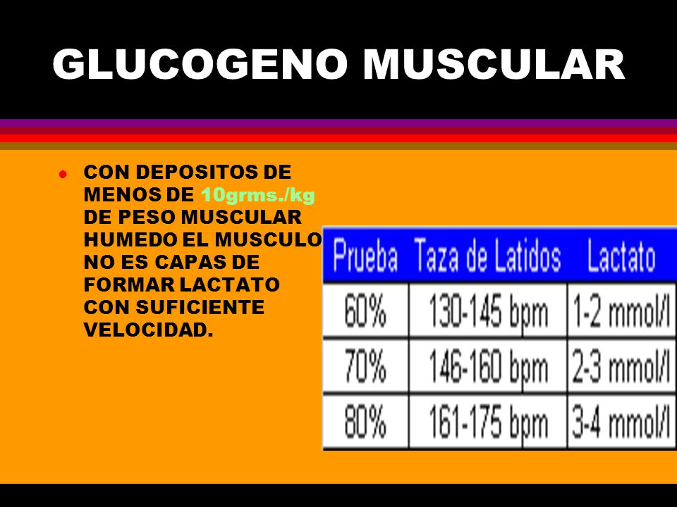 GLUCOGENO MUSCULAR CON DEPOSITOS DE MENOS DE 10grms./kg DE PESO MUSCULAR HUMEDO EL MUSCULO NO ES CAPAS DE FORMAR LACTATO CON SUFICIENTE VELOCIDAD.
