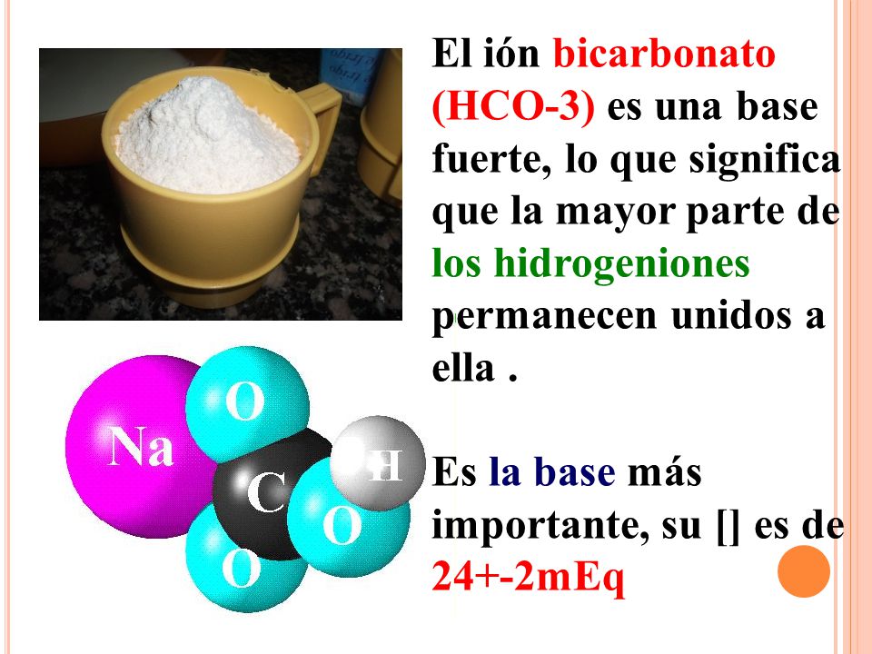 El ión bicarbonato (HCO-3) es una base fuerte, lo que significa que la mayor parte­ de los hidrogeniones permanecen unidos a ella .