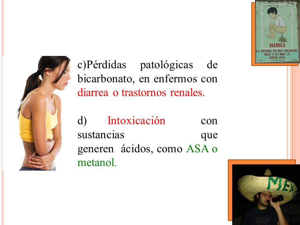 Pérdidas patológicas de bicarbonato, en enfermos con diarrea o trastornos renales.