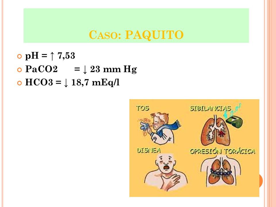 Caso: PAQUITO pH = ↑ 7,53 PaCO2 = ↓ 23 mm Hg HCO3 = ↓ 18,7 mEq/l