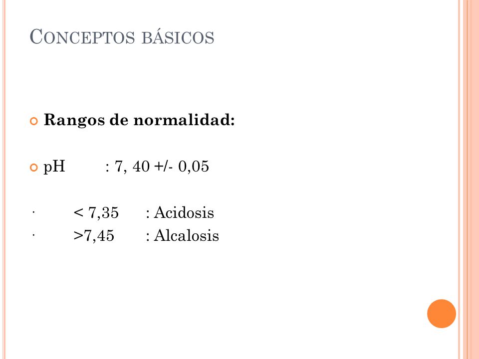 Conceptos básicos Rangos de normalidad: pH : 7, 40 +/- 0,05