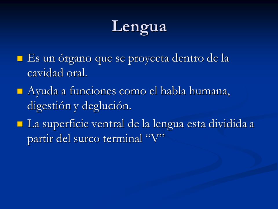 Lengua Es un órgano que se proyecta dentro de la cavidad oral.