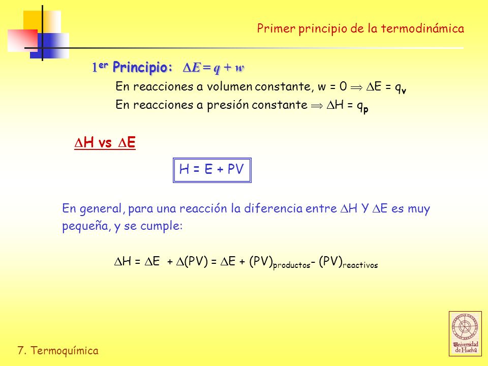 1er Principio: DE = q + w H vs E H = E + PV