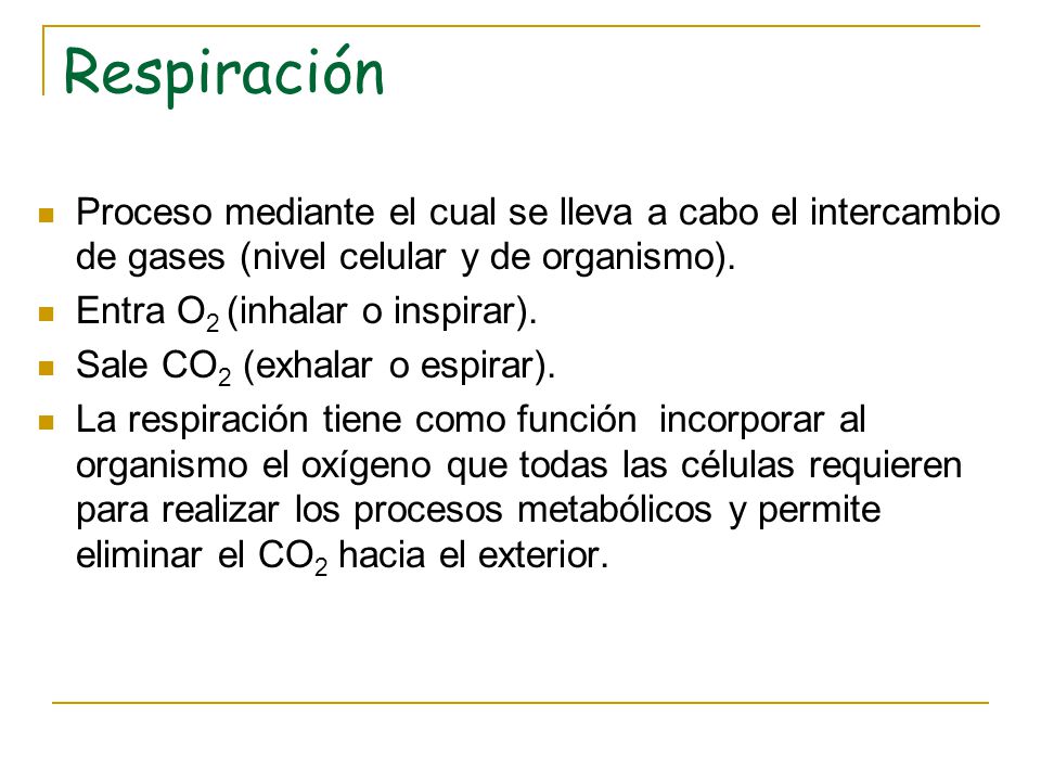 Respiración Proceso mediante el cual se lleva a cabo el intercambio de gases (nivel celular y de organismo).