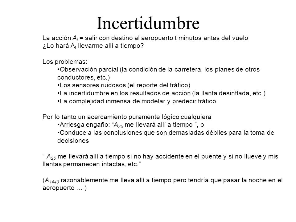 Incertidumbre La acción At = salir con destino al aeropuerto t minutos antes del vuelo. ¿Lo hará At llevarme allí a tiempo