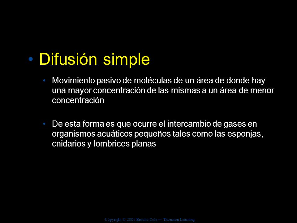 Difusión simple Movimiento pasivo de moléculas de un área de donde hay una mayor concentración de las mismas a un área de menor concentración.