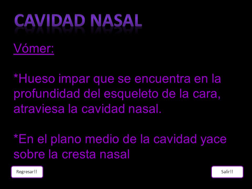Cavidad Nasal Vómer: *Hueso impar que se encuentra en la profundidad del esqueleto de la cara, atraviesa la cavidad nasal.