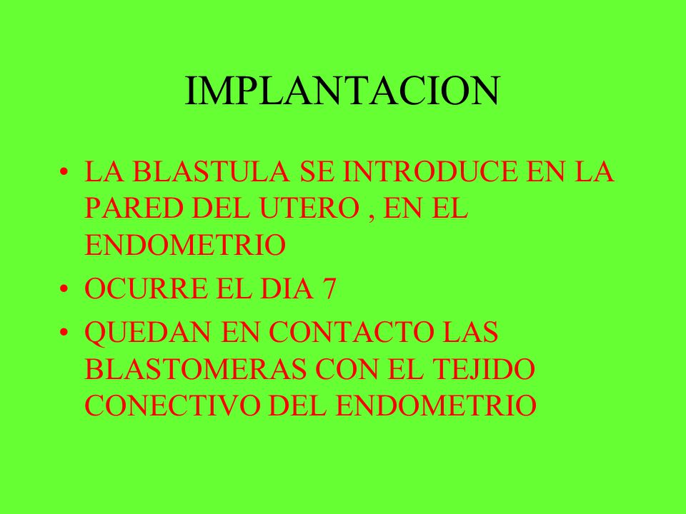 IMPLANTACION LA BLASTULA SE INTRODUCE EN LA PARED DEL UTERO , EN EL ENDOMETRIO. OCURRE EL DIA 7.
