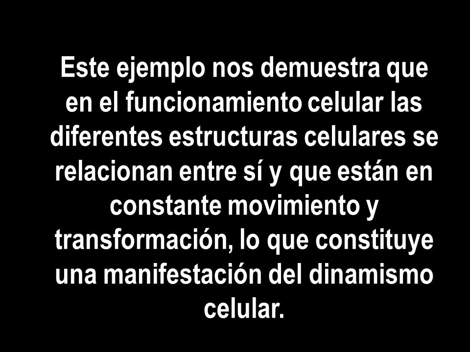 Este ejemplo nos demuestra que en el funcionamiento celular las diferentes estructuras celulares se relacionan entre sí y que están en constante movimiento y transformación, lo que constituye una manifestación del dinamismo celular.
