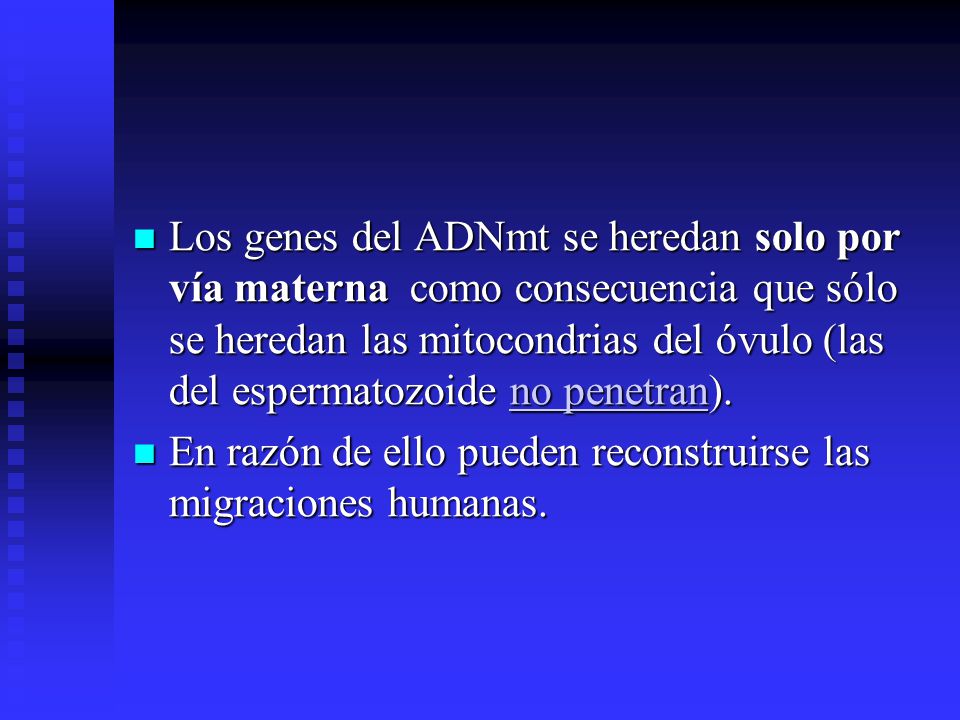 Los genes del ADNmt se heredan solo por vía materna como consecuencia que sólo se heredan las mitocondrias del óvulo (las del espermatozoide no penetran).