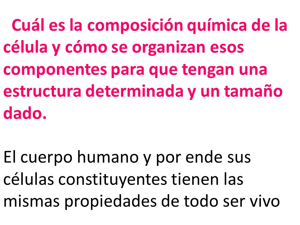 Cuál es la composición química de la célula y cómo se organizan esos componentes para que tengan una estructura determinada y un tamaño dado.