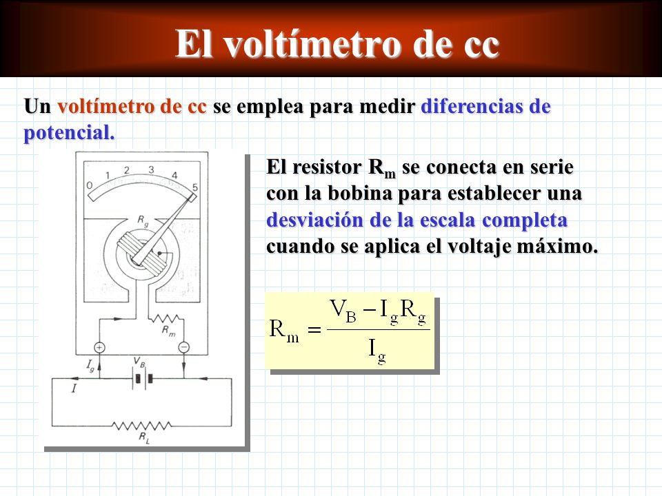 El voltímetro de cc Un voltímetro de cc se emplea para medir diferencias de potencial.