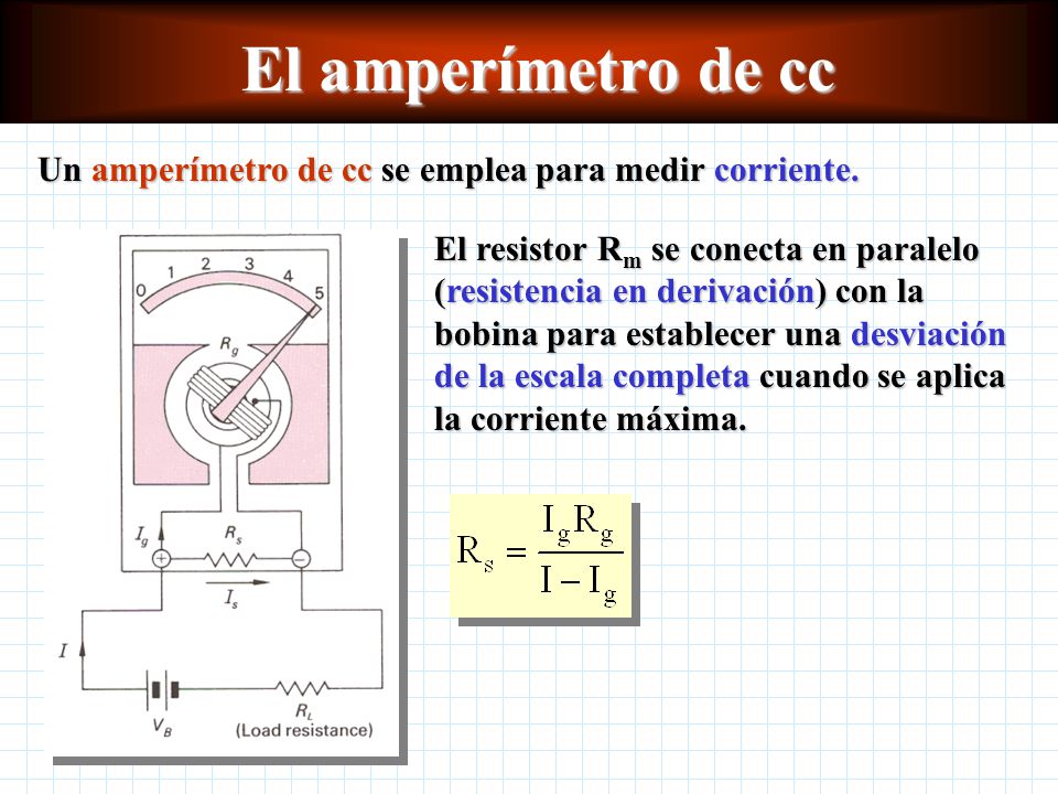 El amperímetro de cc Un amperímetro de cc se emplea para medir corriente.