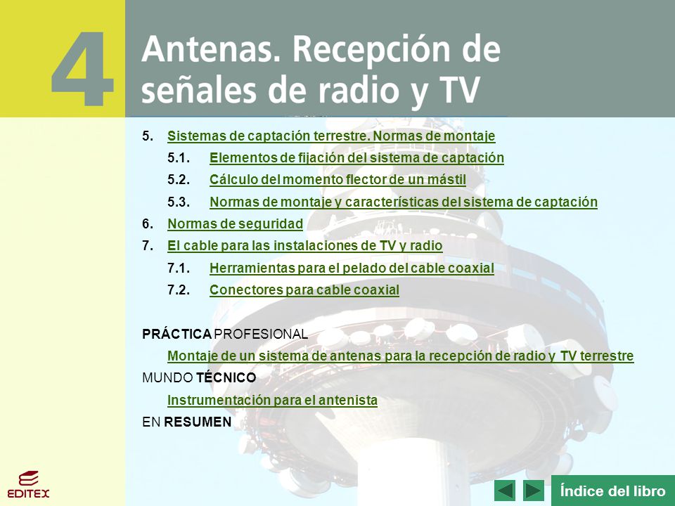 Índice del libro 5. Sistemas de captación terrestre. Normas de montaje